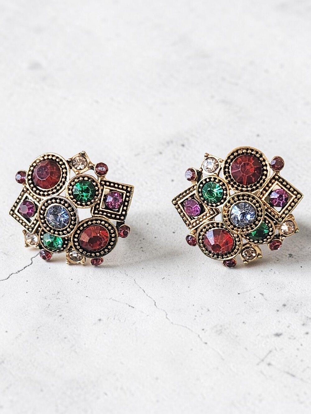 Vintage Antiqued Gold Tone and Bezel Set Colorful Crystal Stud Earrings Party